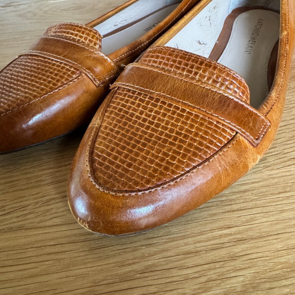 Antonio Melani Tan Leather Loafers Size 6.5 Woven Penny Flats - Picture 4 of 12